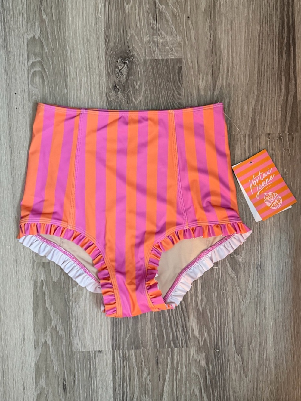 NWT Kortni Jeane Ruffled Up Swim Bottoms - Pink/Orange Stripe